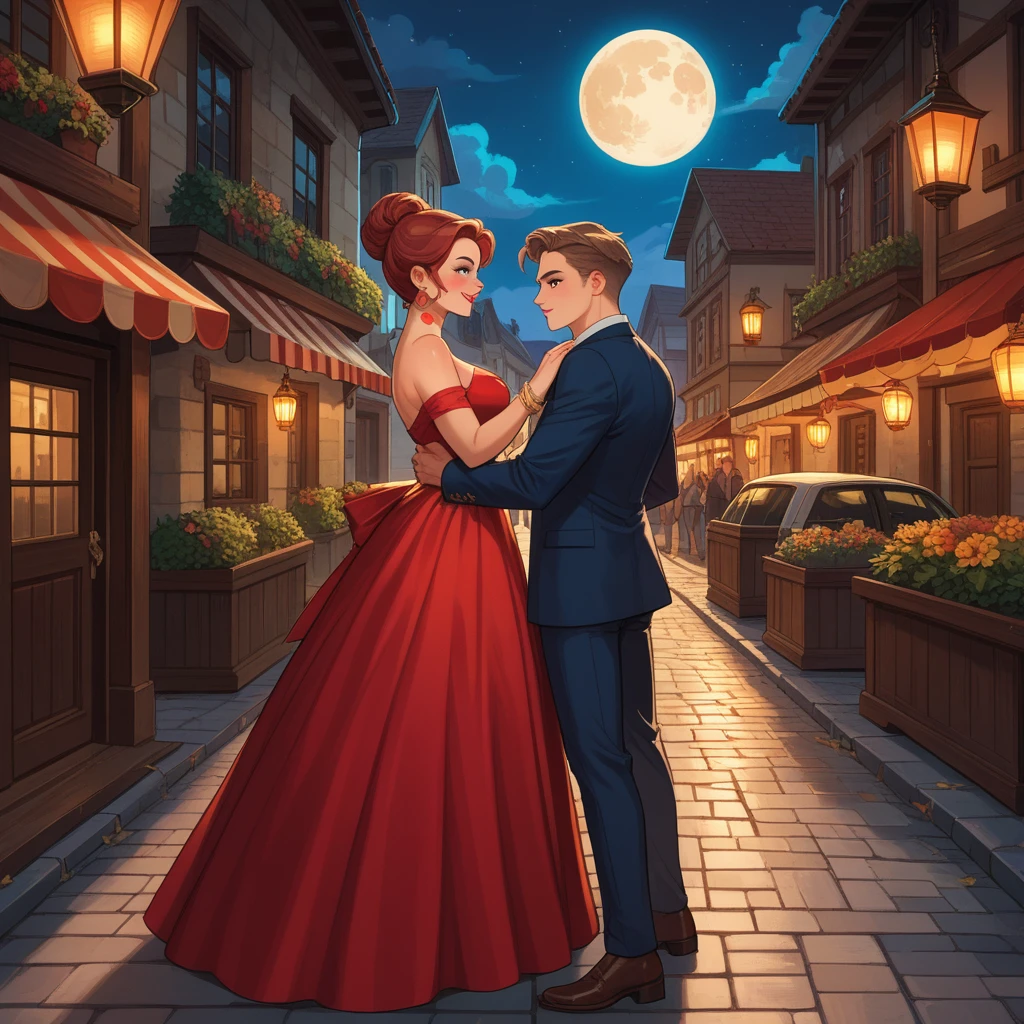 The scene depicts a couple dancing flamenco under a bright full moon, their movements full of emotion and power. The woman’s dress is a vibrant red, flowing with her every step, while the man’s posture is strong and confident. The background is a narrow cobblestone street, with old buildings and lanterns casting a warm, golden light. The colors should be deep and rich, with a focus on reds, golds, and blacks, to emphasize the drama and passion of the moment