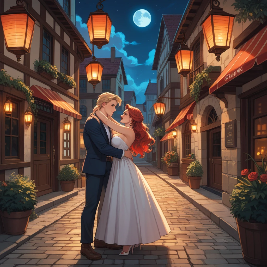 The scene depicts a couple dancing flamenco under a bright full moon, their movements full of emotion and power. The woman’s dress is a vibrant red, flowing with her every step, while the man’s posture is strong and confident. The background is a narrow cobblestone street, with old buildings and lanterns casting a warm, golden light. The colors should be deep and rich, with a focus on reds, golds, and blacks, to emphasize the drama and passion of the moment