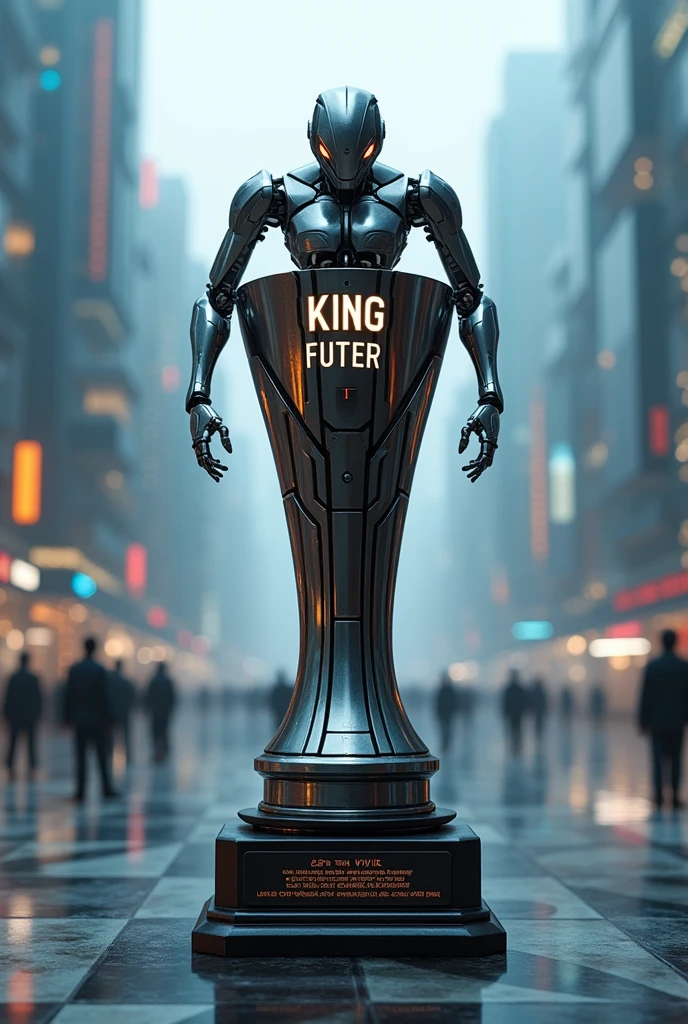 A robotic chess championship trophy that says KING FUTER