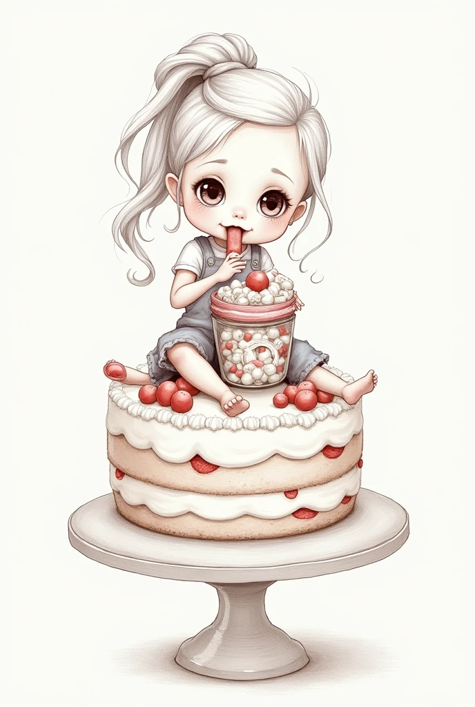 Drawing of a doll sitting on a cake and eating a cake from a jar