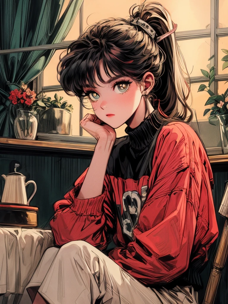 beni, solo, 1girl, yellow_pupils, black_hair, high_ponytail, red_flower_hair_ornament, Contemplating, (((background bedroom))), window, sit-down, cofee, medium bedroom side