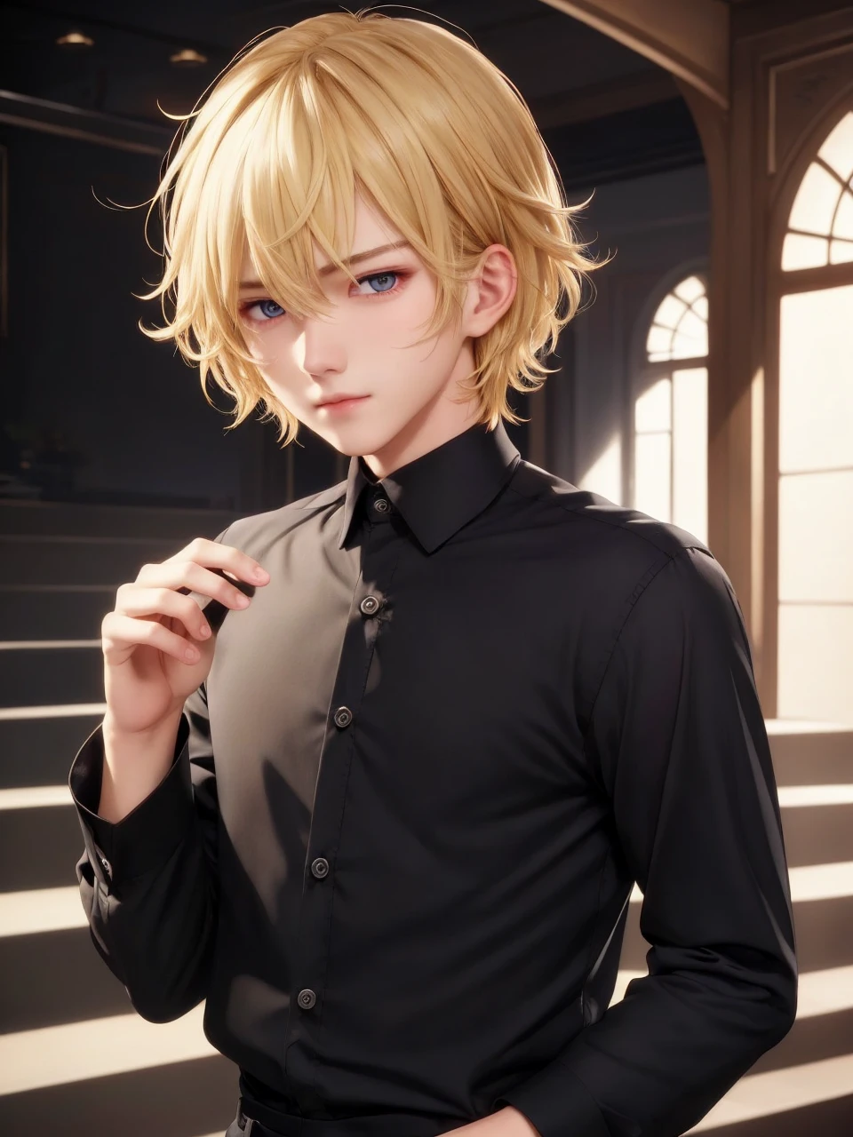 1boy,handsome,1,,close up photo,Perfect face, HD face, ultra detailed face, short hair, blonde hair, messy hair,Black long-sleeved shirt, open buttons,black trousers, bright red eyes,,ultra detailed, ultra HD
