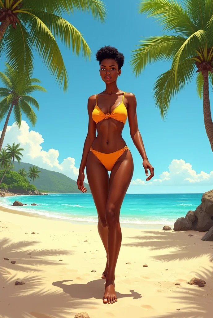 pretty girl on the beach. Dark skinned with short black hair like Cleopatra. stomach 1.55 my peso 50 kg. appears full body, front facing and topless.