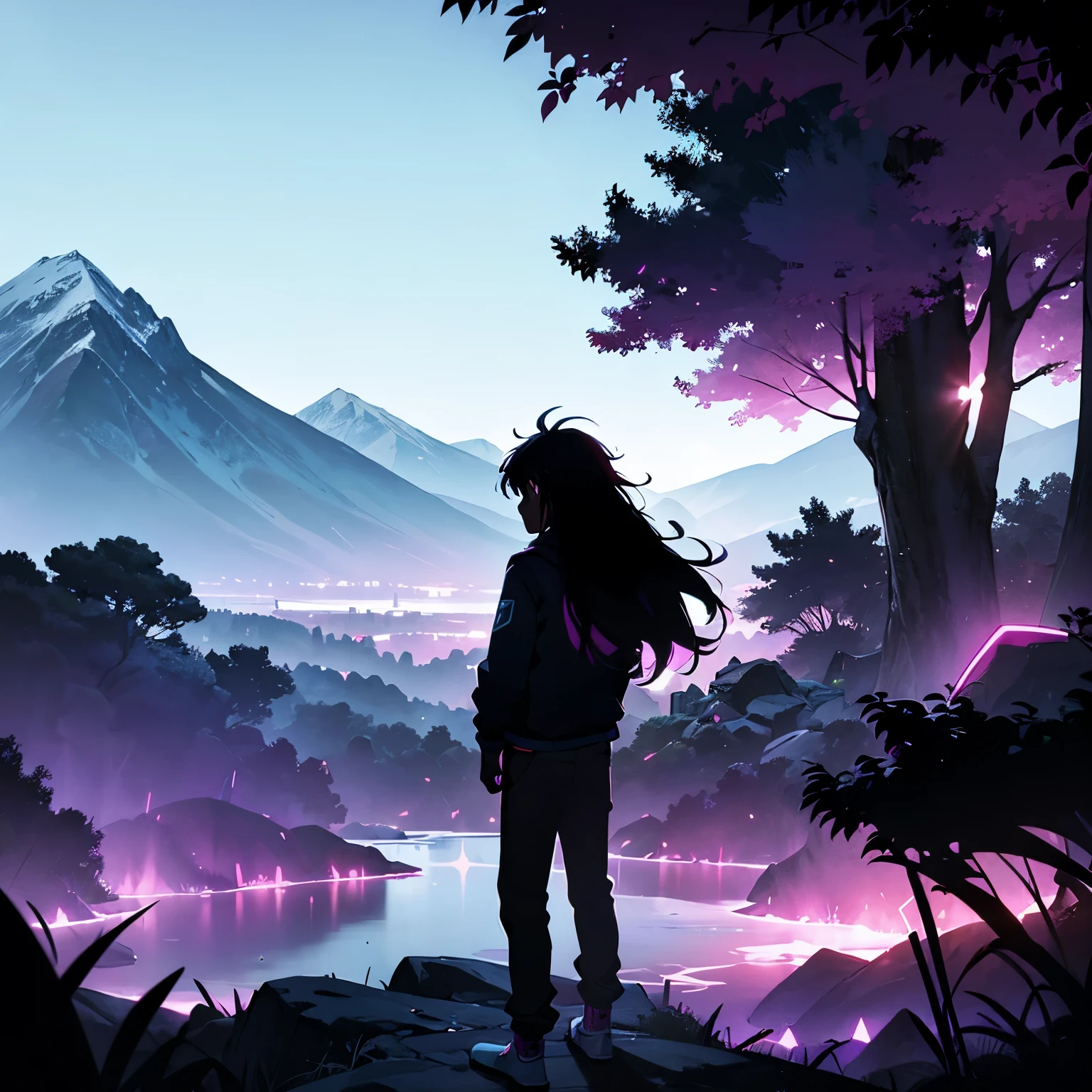a silhouette of a young teenage man, with dark skin, with long messy hair, bright purple eyes, dark clothes, neon, poor lighting coming from behind, mountain scenery
