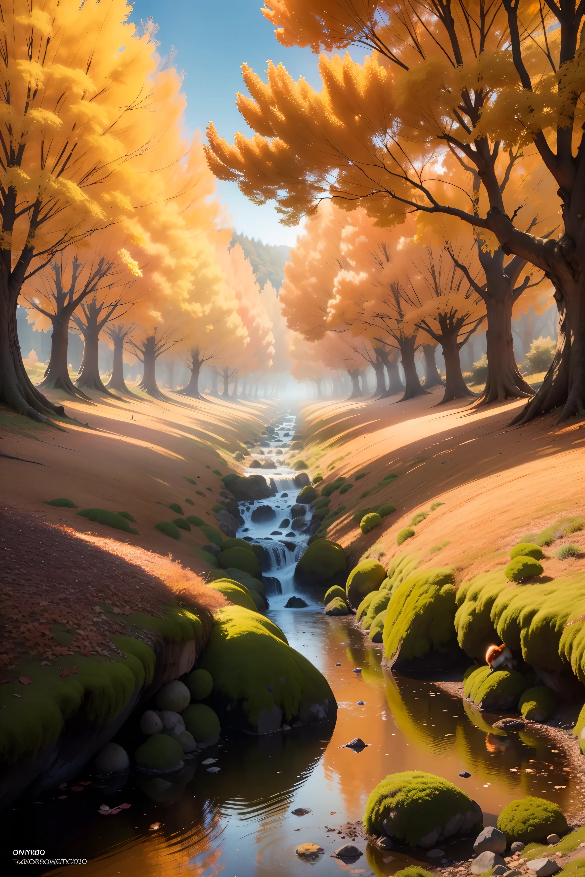 Unique autumn landscape, , lush forest of vegetation, trees, deer, Little birds squirrels, soft lights, cinematographic, high quality 8k, Soft colors, hyperrealistic