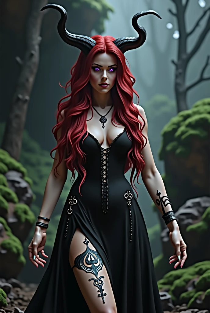 a detailed demonic woman with piercing purple eyes, long flowing red hair, long curved horns pointing upwards, wearing a black dress with adventurous designs along the sides of the legs, cinematic lighting, dark fantasy, highly detailed, photorealistic, 8k, masterpiece