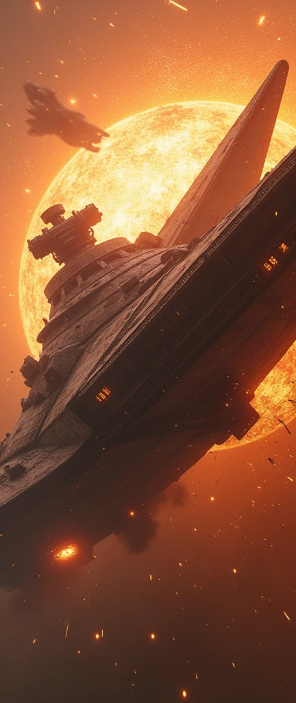 a massive star wars ship caught in a gravitino pull, rusted debris, massive explosion, cinematic dramatic lighting, hyperrealistic, 8k, photorealistic, highly detailed, volumetric lighting, cinematic camera angle, glowing plasma, sparks, shattered metal, ultra detailed hull textures, realistic physics simulation, stunning visual effects, dramatic sci-fi atmosphere
