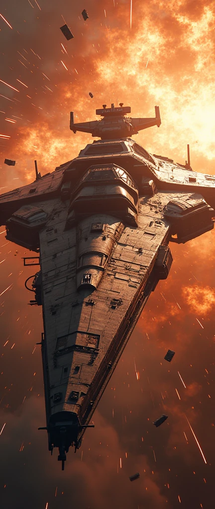 a massive star wars ship caught in a gravitino pull, rusted debris, massive explosion, cinematic dramatic lighting, hyperrealistic, 8k, photorealistic, highly detailed, volumetric lighting, cinematic camera angle, glowing plasma, sparks, shattered metal, ultra detailed hull textures, realistic physics simulation, stunning visual effects, dramatic sci-fi atmosphere