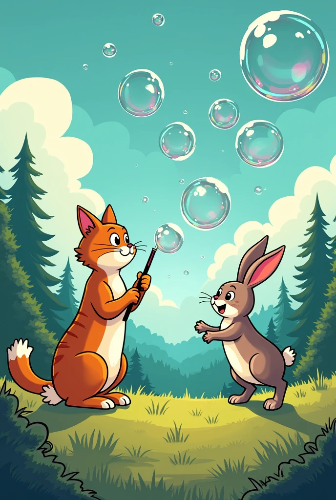 2d comic style,Draw a cat on the left holding a bubble blowing stick.,Blowing a huge soap bubble,Soap bubbles on top of cat,There is a rabbit on the right jumping up happily trying to catch the bubbles,The background is the sky and the forest