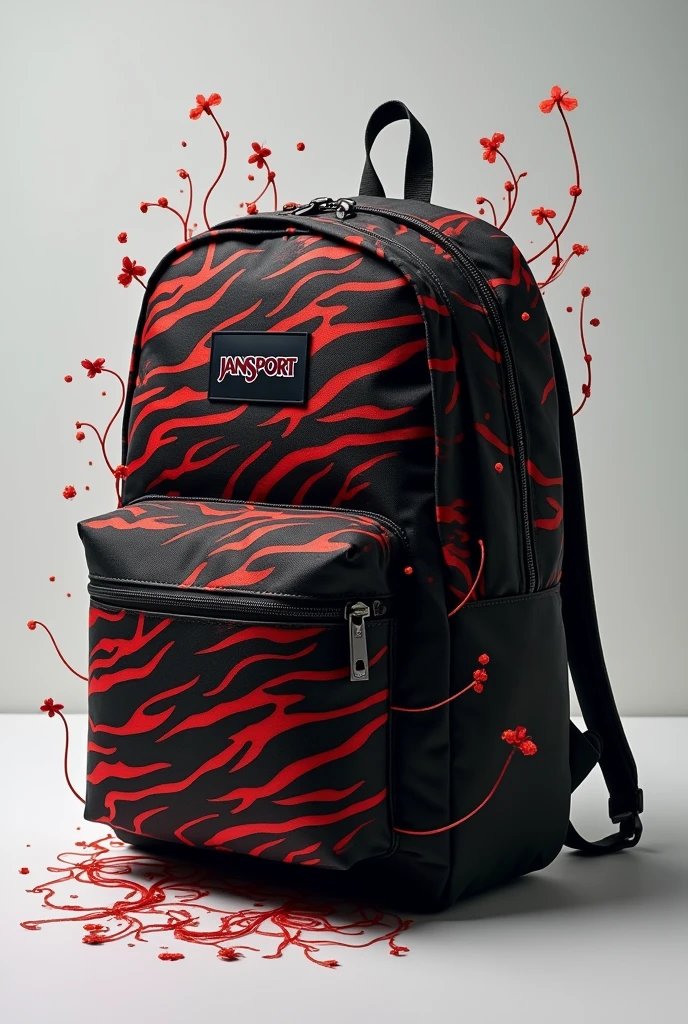 Jansport black backpack expands, small red tiger stripes all over the backpack