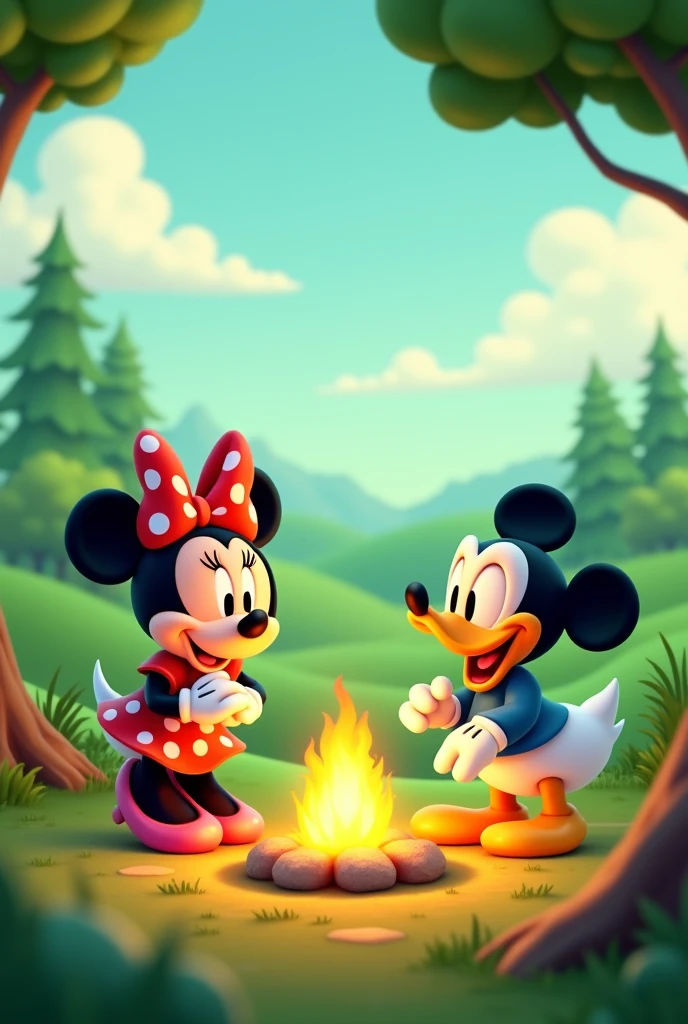 For a cover, a lemon green background landscape. With Minnie Mouse and camping in a beautiful place with Donald Duck. Clouds and trees. That the whole image looks good without gradient and that the lemon green stands out with a campfire. CORRECTLY GENERATE THE HANDS, THEY ARE 4 FINGERS IN EACH HAND AND TWO HANDS
