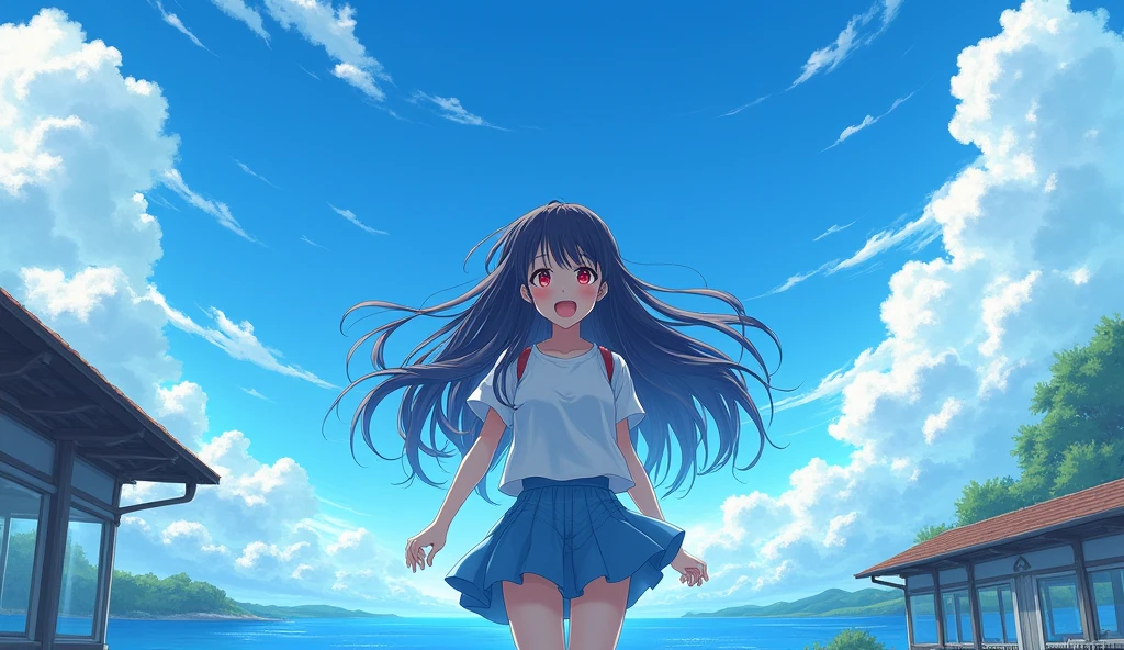 1 Long Hair, Vast blue sky,Ocean,station,summer,excited,anime,Emotional,
