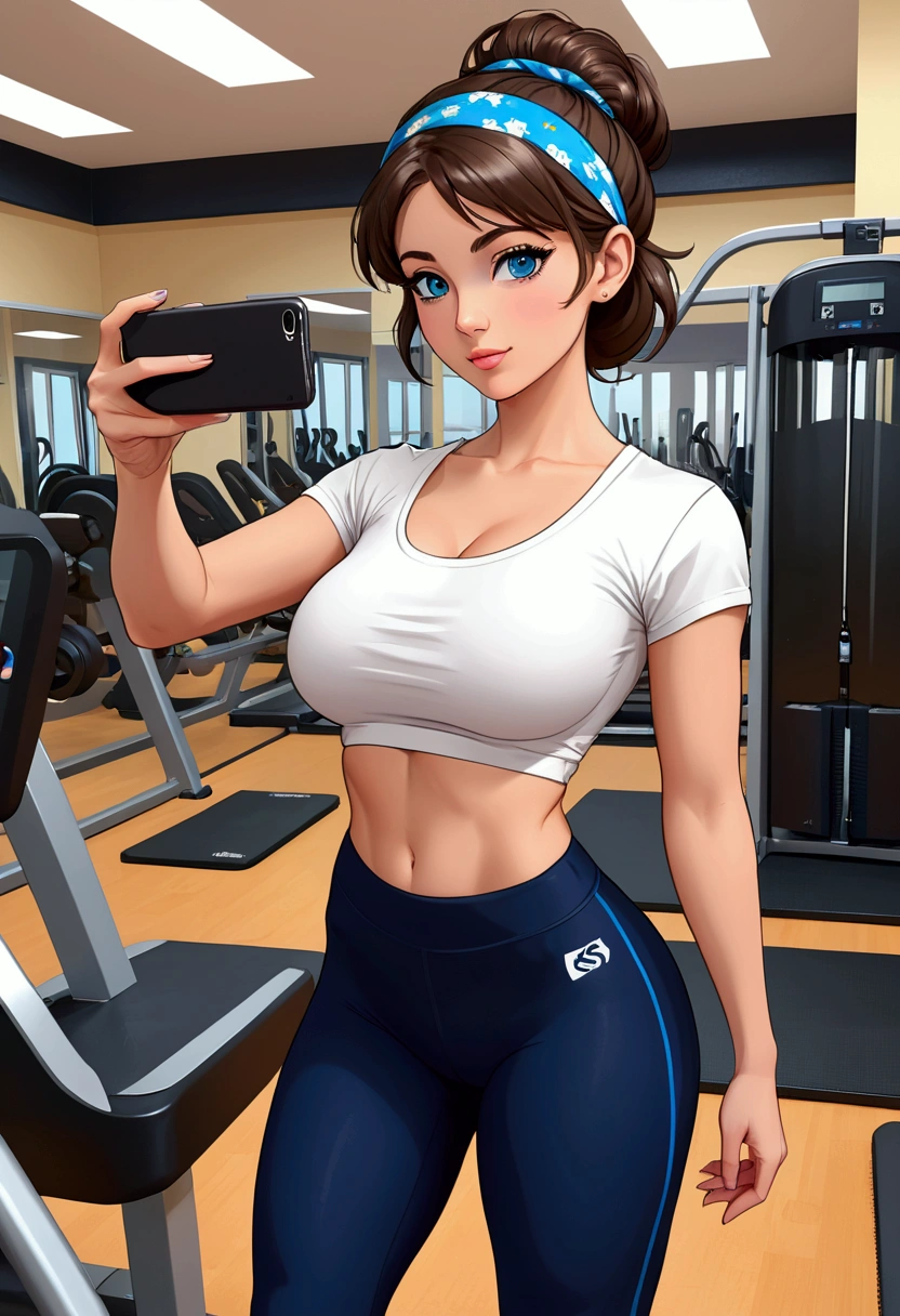 20 years old woman, Short brown hair, Méditerranéenne aux blue eye, Generous and heavy breasts, slender waist, estomac defini, fesses rebondies et pulpeuses, naturally curved, muscular thighs, aguicheuse, in the gym, en legging et teeshirt ample, blue eye, Selfie, headband in hair, hair bun