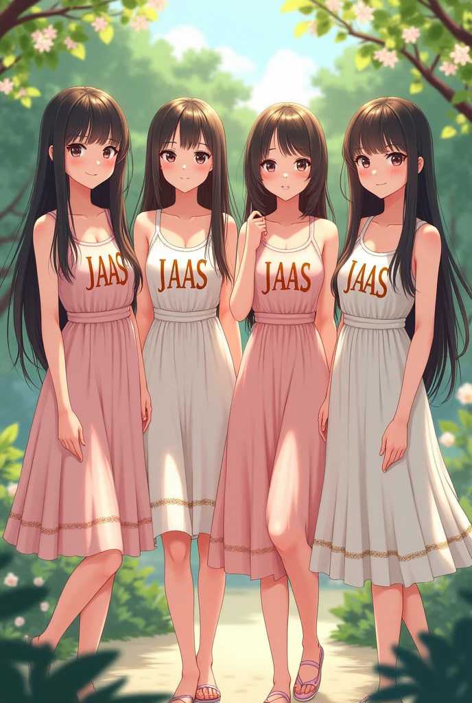 Four teen girl friends fair skin straight hair with dresses with jaas writteen on top aesthetically and visibly