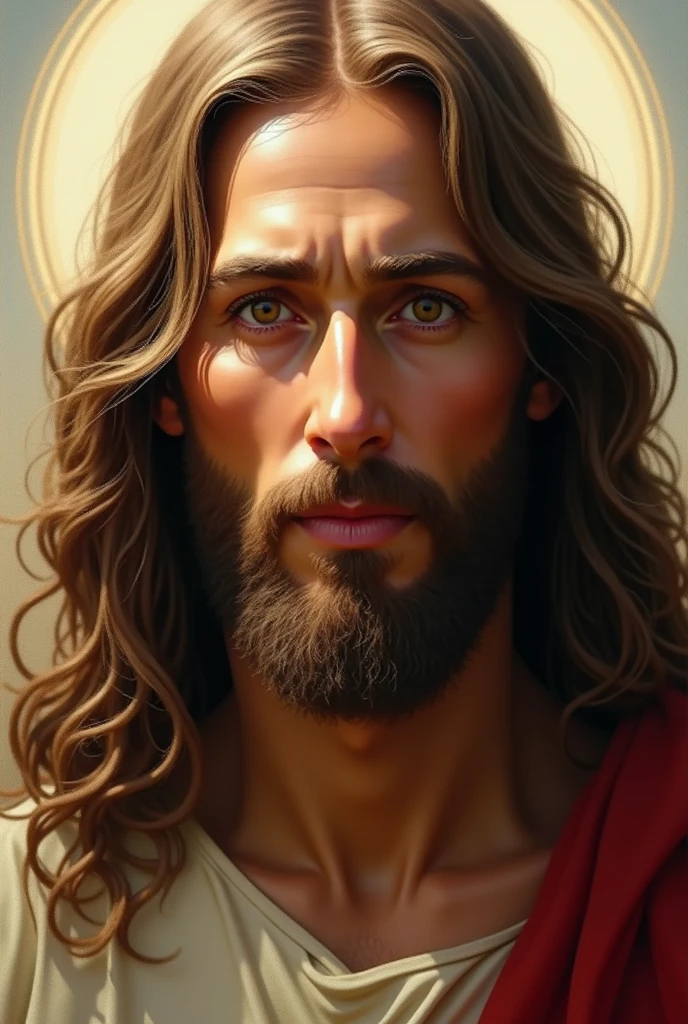 Arafed image of a man with long hair and beard, portrait of Jesus Christ, Jesus Christ, Greg Olsen, Jesus of Nazareth, painted in high resolution, The Lord and Savior, Jon McNaughton, 1024x536 resolution. Oil on canvas, face of Jesus, portrait of religious masterpiece, ultra detail. Digital painting, dressed as Jesus Christ, very beautiful portrait, heavenly background