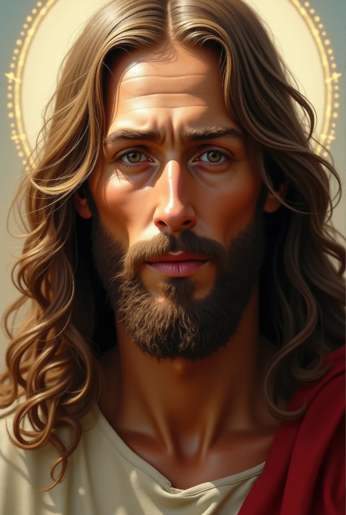 Arafed image of a man with long hair and beard, portrait of Jesus Christ, Jesus Christ, Greg Olsen, Jesus of Nazareth, painted in high resolution, The Lord and Savior, Jon McNaughton, 1024x536 resolution. Oil on canvas, face of Jesus, portrait of religious masterpiece, ultra detail. Digital painting, dressed as Jesus Christ, very beautiful portrait, heavenly background