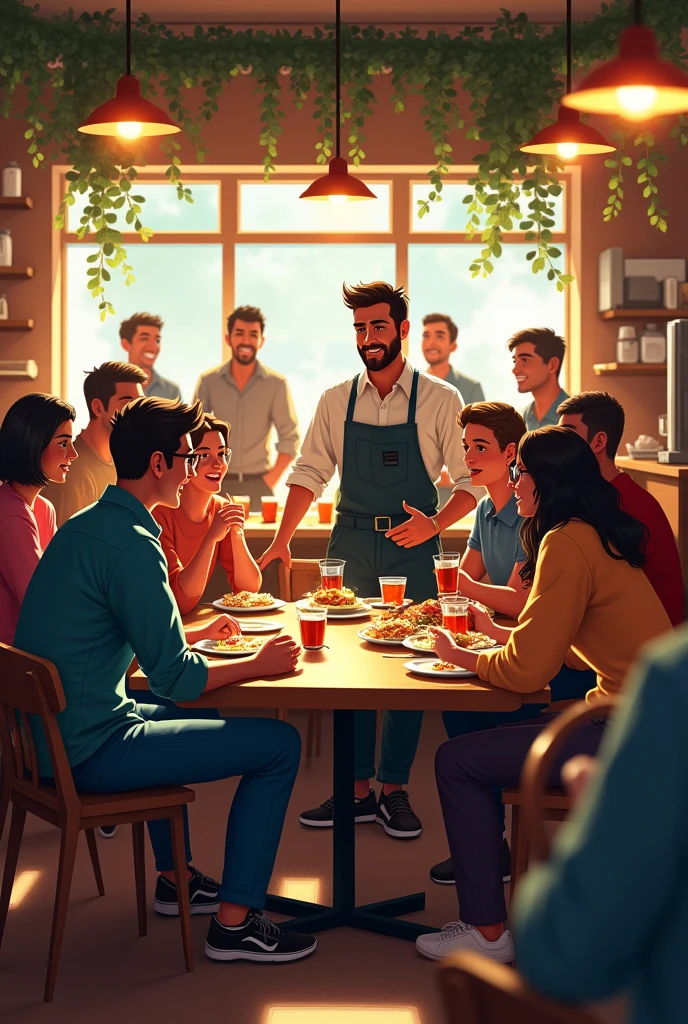 Max and customers eating at tables.