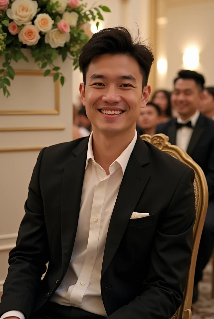 A young man with dark short hair and a confident smile. He is dressed in a black blazer over a white shirt. sit in wedding ceremony nice back ground