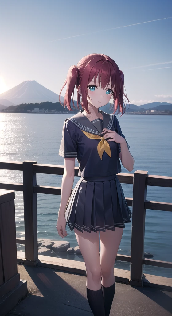 Ruby Kurosawa, Ruby Kurosawa, Aqua Eye, Medium Hair, Redhead, Both sides up, Twin tails, (Flat Chest:1.2), 
break black socks, tie, Brown footwear, button, grey Sailor collar, grey skirt, loafers, Short sleeve, miniskirt, pleated skirt, Sailor collar, school uniform, Seraphim, shirt, shoes, skirt, uranohoshi school uniform, white shirt, Yellow chest ribbon、break (masterpiece:1.2), Highest quality, High resolution, unity 8k wallpaper, (figure:0.8), (Beautiful attention to detail:1.6), Highly detailed face, Perfect lighting, Highly detailed CG, (Perfect hands, Perfect Anatomy),Harbor、Beautiful Landscape、Mt. Fuji in the background、blue sea、White cloud、