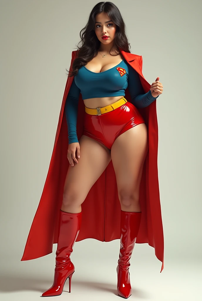 (Very detailed RAW color photography), 4k, realistic, charismatic, very detailed, there is a girl in the sky, dressed in a super girl costume, (she is a super girl), superhero theme, extra long black multicolored and wavy hair, extra long ponytail with bangs, hair ribbon, 25 years, full body, (detail in eyes),  (detail on face), stunningly beautiful, blue eyes, blush, makeup, red lipstick, cotton t-shirt, red cape, (denim shorts), (wide hips), (thick thighs), small breasts, dress,, seductive pose, (extreme hourglass figure), strong thighs, svelt