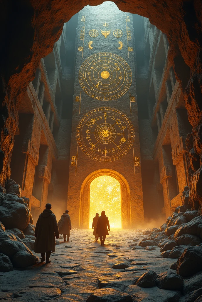 the stone steps led down. Arrived at the bottom, they found themselves in a huge, underground hall again. The walls were decorated with magnificent star maps and ancient symbols, that shone in golden light. In the middle of the hall stood a massive stone door, which had no obvious handle. But there was a depression in the door, which exactly matched the shape of the crystal key.