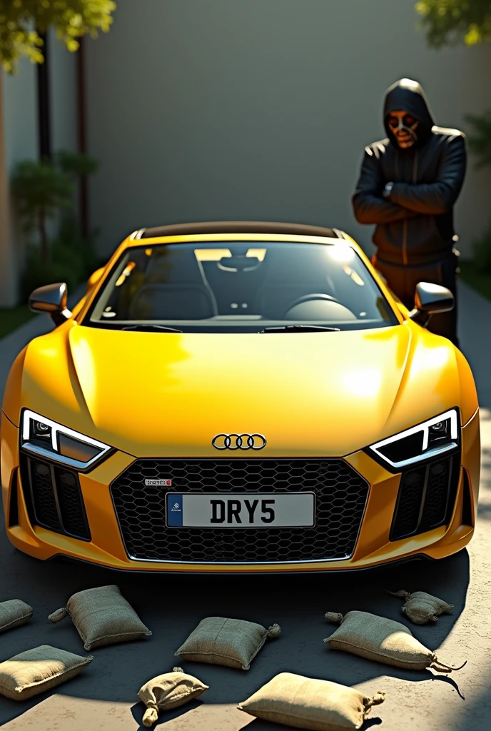 A yellow Audi with the license plate DRY5 with skyscrapers and cannabis bags scattered on the ground in the background and many luxury cars and women in bikinis
