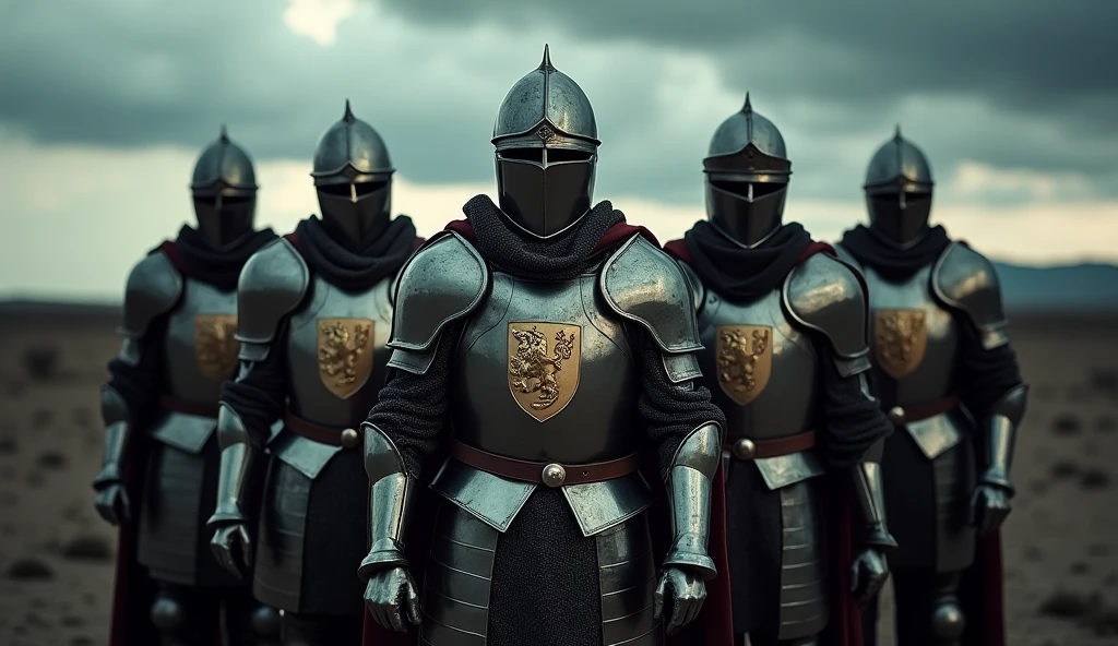 (A group of knights), (wearing medieval armor, each adorned with a prominent lion emblem on their chest), (standing together in formation, facing towards the viewer with intense and determined expressions). (The scene is set in a desolate, barren landscape at dusk, with the fading sunlight casting long shadows behind the knights). The sky is (overcast with dark clouds, adding to the ominous atmosphere). Each knight's armor is (meticulously detailed, reflecting the soft, dim light of the setting sun), and the lion emblem on their chest plates is (bold and distinct, a symbol of their unity and strength). The knights stand (shoulder to shoulder), their swords (sheathed at their sides), ready for the impending battle