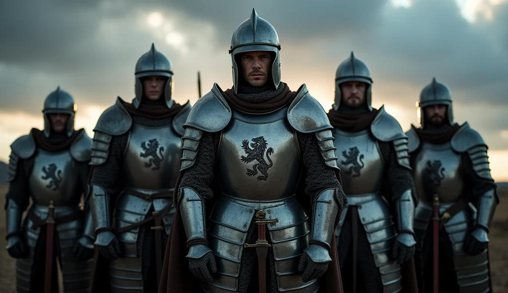 (A group of knights), (wearing medieval armor, each adorned with a prominent lion emblem on their chest), (standing together in formation, facing towards the viewer with intense and determined expressions). (The scene is set in a desolate, barren landscape at dusk, with the fading sunlight casting long shadows behind the knights). The sky is (overcast with dark clouds, adding to the ominous atmosphere). Each knight's armor is (meticulously detailed, reflecting the soft, dim light of the setting sun), and the lion emblem on their chest plates is (bold and distinct, a symbol of their unity and strength). The knights stand (shoulder to shoulder), their swords (sheathed at their sides), ready for the impending battle