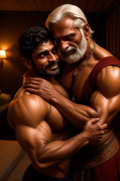 Two INDIAN GURJAR men, a new one and an old one, embracing each other in a tender display of affection. The new man's eyes shine with youthful excitement, while the old man's gaze is filled with wisdom and experience. Their skin, finely detailed and realistic, contrasts in texture and tone, reflecting the passage of time. The scene takes place in a softly lit room, with warm colors and a cozy atmosphere. Captured in high resolution, the image is rich in details, with the connection between the two men deeply expressed through their body language. The image, photorealistic in nature, is a masterpiece that beautifully captures the essence of their loving relationship. (Equipment: Canon E