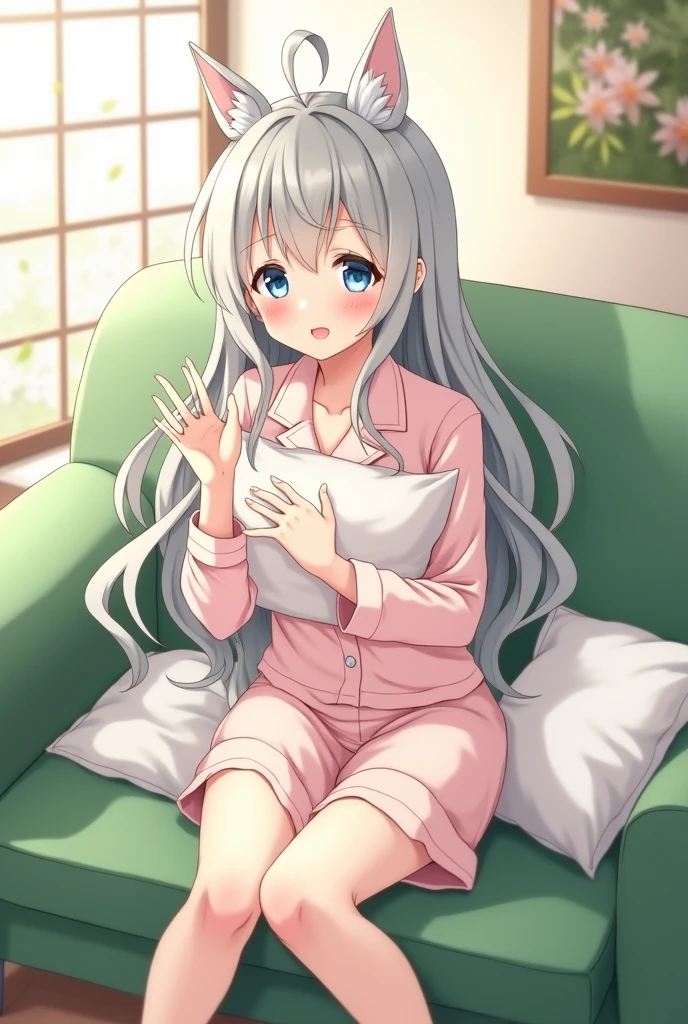 An anime woman with silver hair, ice blue eyes, pale skin, piyama, was relax on the green sofa while holding a pillow and smiling happily while lend a hand.