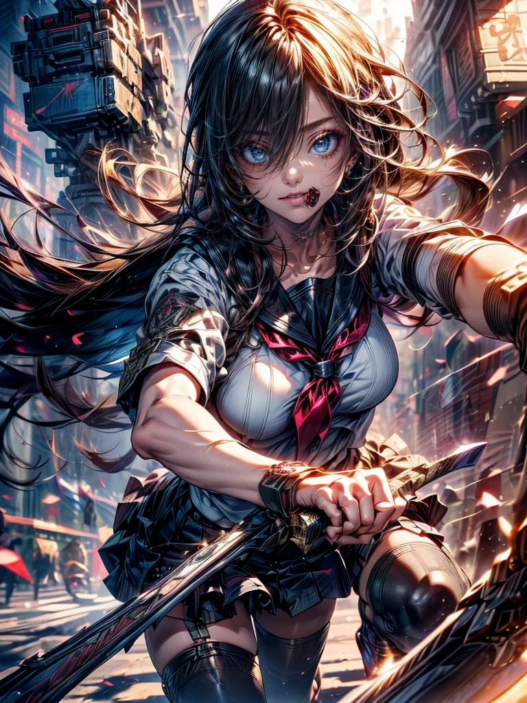 High resolution, Winner of numerous awards, Ultra high definition, Textured skin, Retina,
masterpiece,(bestquality),highlydetailed,ultra-detailed,1girl, (Angry expression、Contempt:1.7)(robot)(fantasylandscape:1.2,natural lighting:1.5,confidentexpression),(panorama:1.2),mecha, angle、chrome,raw(A beautiful girl with black hair and a high schooluniform.sailor uniform:1.5)(Point your weapon at me:1.6)(Positioned to attack me:1.6)