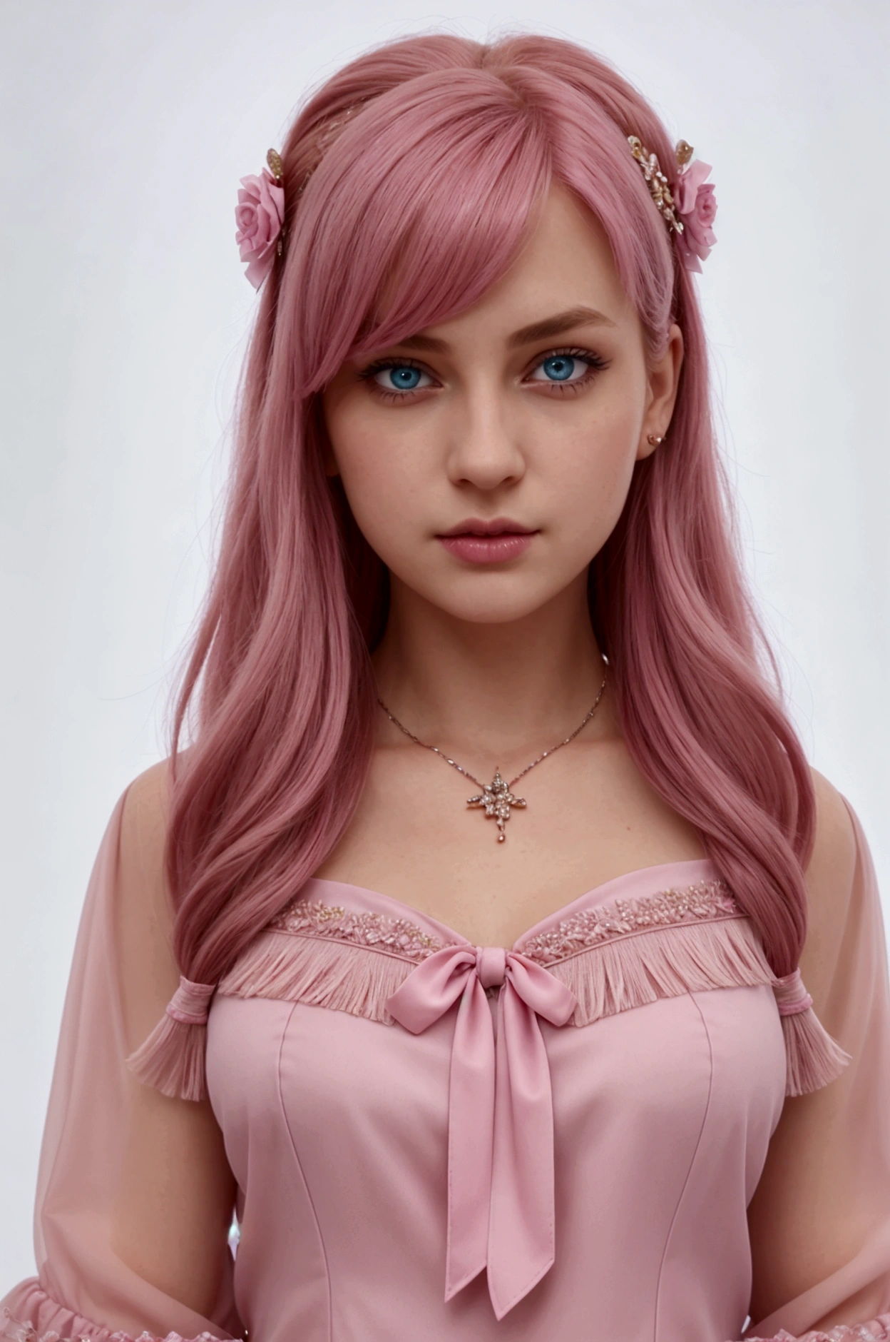 Best Quality, (photorealistic: 1,2), 1 girl, Alone, Detailed face, face focus, standing, pink hair, (hair ornament: 1,35), Seductive, blouse with neckline, separate sleeves, ribbon trim, wide sleeves, (looking at the viewer:1.5) by the wide, blue eyes , fringe, Lips,