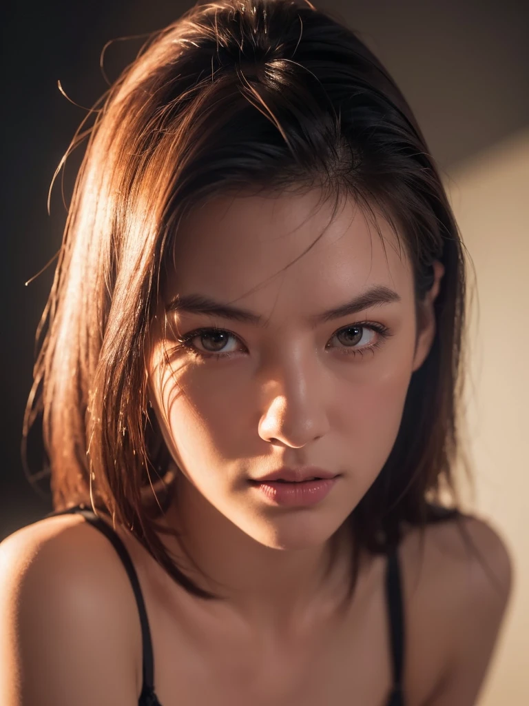 (((ultra realistic))), Photo, masterpiece,  Photoshoot, studio, ((Contour light)), (The game of lights and shadows), depth of field, (Dark atmosphere of the frame., dark color scheme), ((portrait, close up camera top view)) , ultra detialed, head of&#39;artwork, Superior quality, Photo shoot, (gentle) lighting, (The play of light and&#39;shadows), depth of ﬁeld, bokeh, (Special attention to facial texture details.: 1.2), pores on skin, (Erotic atmosphere of the setting. Color range - purple, rose, Tonnes),
((a Thai girl, She looks like Milla Jovovich)), (small face), (perfect girl face:1.2)), gentle smile, Calm Expression,