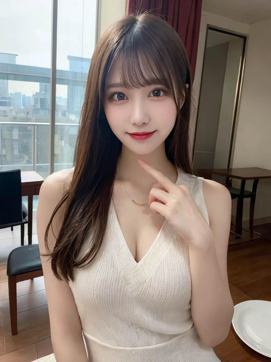 Tabletop, Highest quality, shape, Very detailed, In detail, High resolution, 8k wallpaper, Perfect dynamic composition, Beautiful attention to detail, dress,Medium Hair, Center of chest, Natural color lip, Random sexy poses,smile,Tower apartment