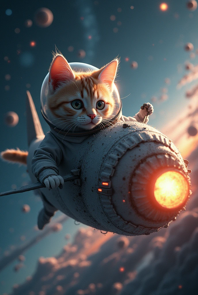 a highly detailed anthropomorphic cat astronaut riding on a sardine spaceship in deep space, beautiful detailed eyes, beautiful detailed lips, extremely detailed eyes and face, long eyelashes, intricate details, cinematic lighting, vibrant colors, dramatic atmosphere, epic sci-fi, photorealistic, 16k, best quality, masterpiece