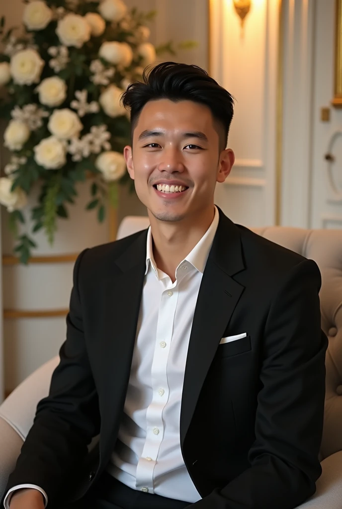 A young man with dark short hair and a confident smile. He is dressed in a black blazer over a white shirt. sit in wedding ceremony nice back ground