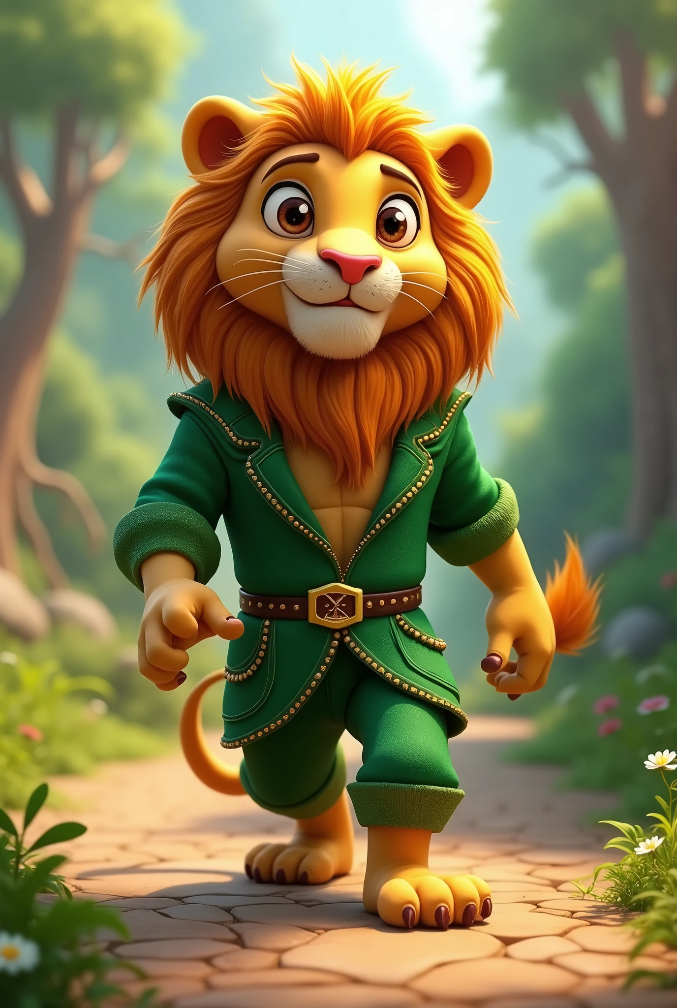 Animated lion dressed in green