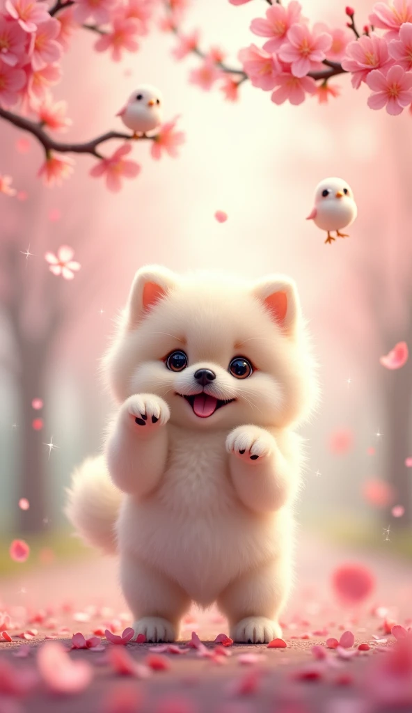 a small, adorable white pomeranian puppy facing forward with its front paws raised, smiling, large and cute eyes, human-like expression, head slightly larger than body, short limbs, glossy fur texture, playing happily with butterflies and small birds under a cherry blossom tree, high resolution, high detail, open mouth, smiling, sparkling effects