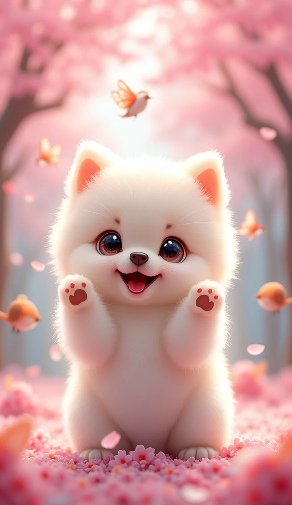 a small, adorable white pomeranian puppy facing forward with its front paws raised, smiling, large and cute eyes, human-like expression, head slightly larger than body, short limbs, glossy fur texture, playing happily with butterflies and small birds under a cherry blossom tree, high resolution, high detail, open mouth, smiling, sparkling effects