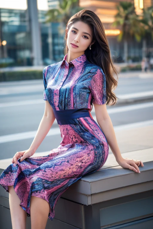 colorful shirt with collar、(Animal print long skirt:1.2)、(silk pantyhose)、(She is sitting, showing off her beautiful legs and high heels)、1 girl、(Delicate face、Detailed eyes and face、double eyelid、Glossy lips)、Moisturized skin、Highly detailed face and skin texture、Two well-balanced legs、((Highest quality、Ultra-high resolution、masterpiece、8k))、((Perfect Anatomy、Anatomically correct))、(Full Body Portrait)、Modern architecture at night on the background、Professional Lighting