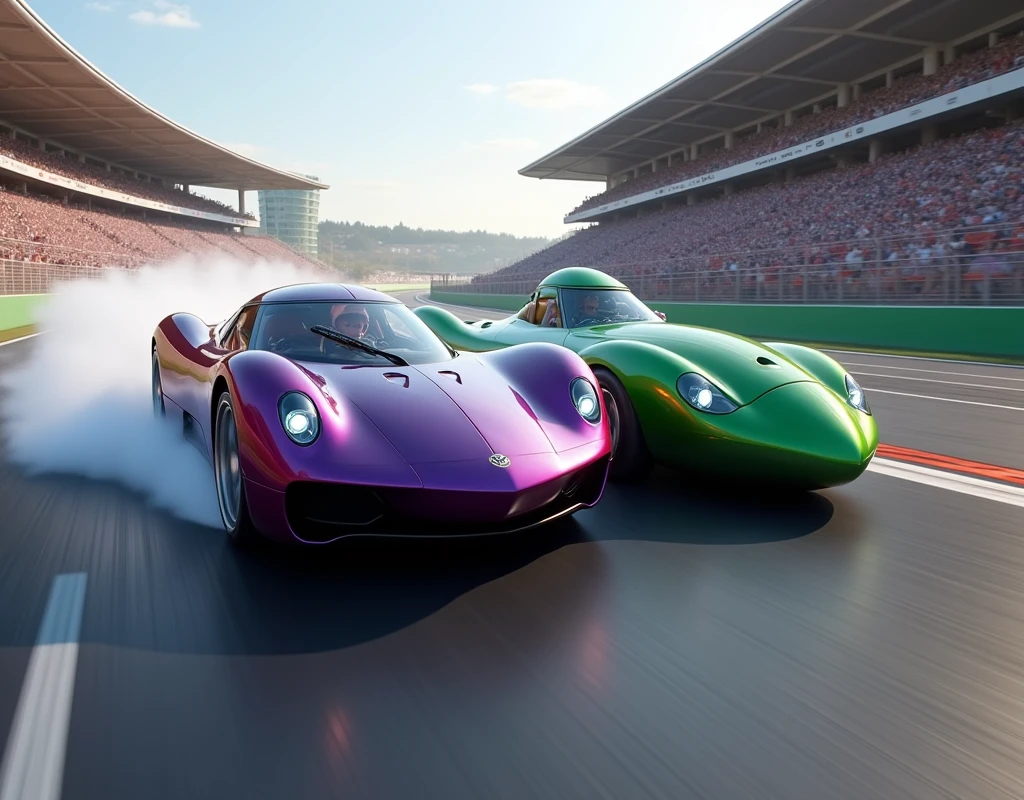 masterpiece, best quality, A close race between an eggplant-shaped car and a cucumber-shaped car