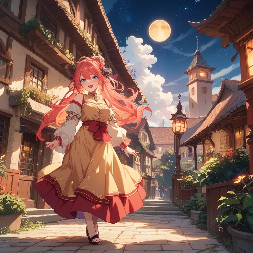 The scene depicts a couple dancing flamenco under a bright full moon, their movements full of emotion and power. The woman’s dress is a vibrant red, flowing with her every step, while the man’s posture is strong and confident. The background is a narrow cobblestone street, with old buildings and lanterns casting a warm, golden light. The colors should be deep and rich, with a focus on reds, golds, and blacks, to emphasize the drama and passion of the moment