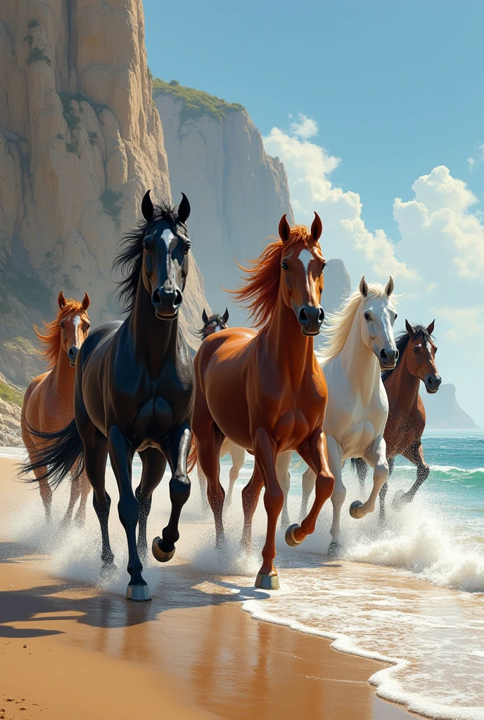 Galloping horses along the seashore. All horses are of different colors