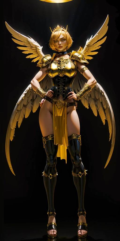 (Black background) paladin lady in ornate golden armor, black collar, pauldrons, breastplate, leather corset, glowing halo, short bob hair style, yellow glowing eyes, bright pupils, eye focus, red cape (full body, whole body, 1solo girl) slave fighter, loincloth standing, hands on hips, metal sandals, leather choker, big belt, view from below, feet together, bracers, tiara) feathers angel wings