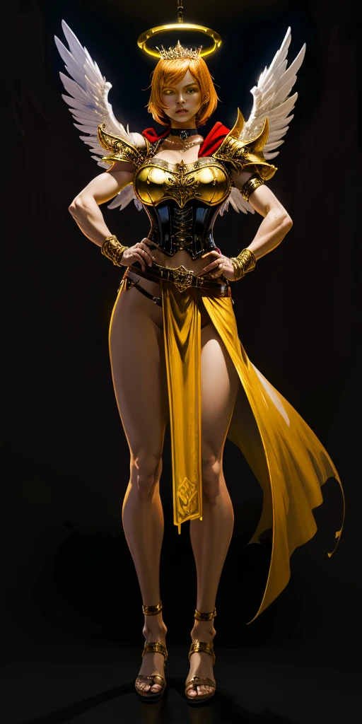 (Black background) paladin lady in ornate golden armor, black collar, pauldrons, breastplate, leather corset, glowing halo, short bob hair style, yellow glowing eyes, bright pupils, eye focus, red cape (full body, whole body, 1solo girl) slave fighter, loincloth standing, hands on hips, metal sandals, leather choker, big belt, view from below, feet together, bracers, tiara) feathers angel wings