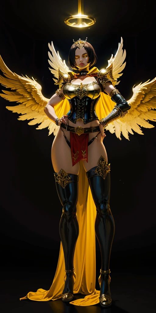 (Black background) paladin lady in ornate golden armor, black collar, pauldrons, breastplate, leather corset, glowing halo, short bob hair style, yellow glowing eyes, bright pupils, eye focus, red cape (full body, whole body, 1solo girl) slave fighter, loincloth standing, hands on hips, metal sandals, leather choker, big belt, view from below, feet together, bracers, tiara) feathers angel wings