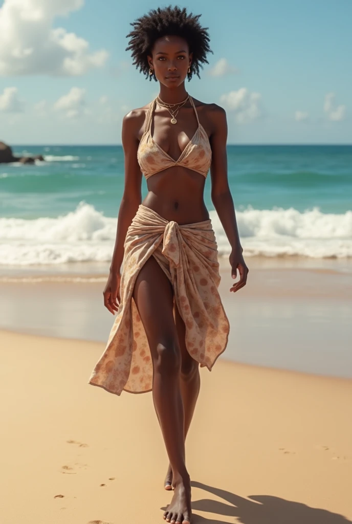 femme africaine ,les cheveux court le regard vers nous ,marche pied nu sur une plage