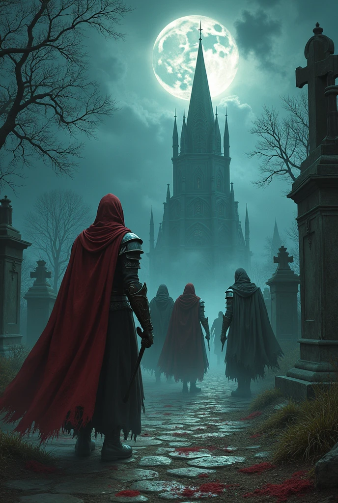 Skeletons in black robes, with chairman, holding swords, like knights, View of the castle ruin, Shrouded in crimson mist