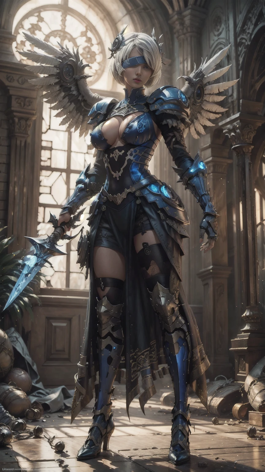 Make a 'kitbash' of Lenneth from 'Valkyrie profile' and 2B from 'Nier: Automata', combine 2B and Lenneth, solo, 1girl, BREAK: ((bright sapphire blue mech4rmor)), (boob window:1.37), thigh cutout, long skirt, (blindfold:1.27), wings, BREAK: standing contrapposto, (holding glowing sword), light smile, BREAK: plains, castle, BREAK: (better hands, best hands,) (insanely detailed, masterpiece, best quality),