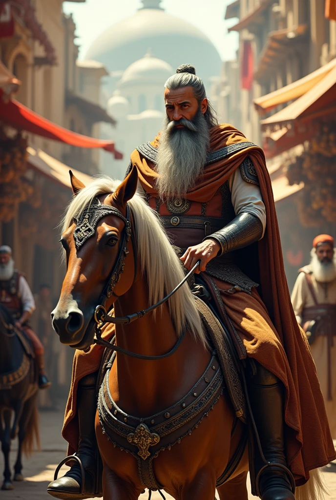 A gray-bearded king riding a horse in front of him, an officer of the king of Persia with a white beard in the background, the market with spices